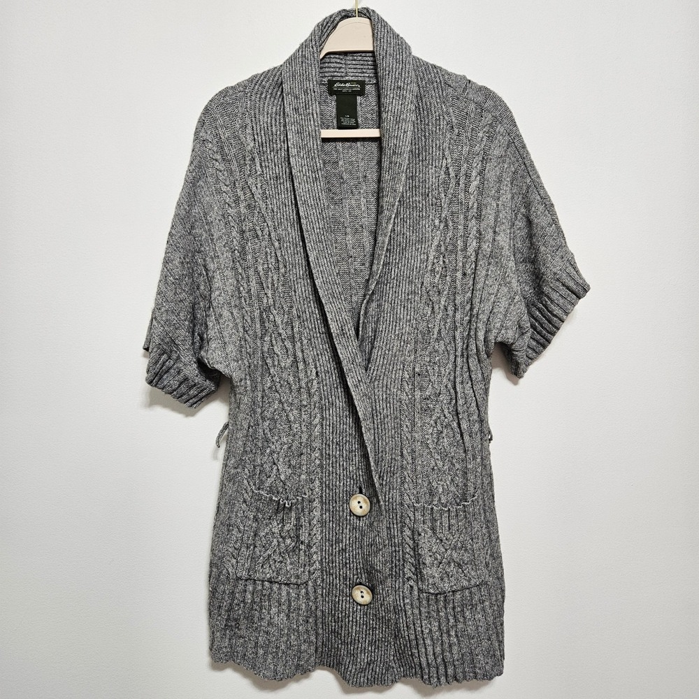 Eddie Bauer Gray Cable Chunky Knit Shawl Collar Cotton Wool Cardigan Sweater L